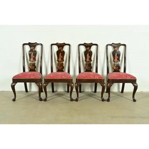 Henredon Chinoiserie Queen Anne Hand Painted Oak and Burl Wood Dining Chairs, Set of Four