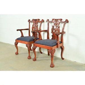 Baker Furniture Style Chippendale Carved Mahogany Armchairs, Pair