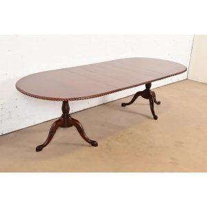 Baker Furniture Style Georgian Carved Walnut Double Pedestal Extension Dining Table, Newly Refinished