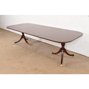 Councill Furniture Georgian Banded Mahogany Double Pedestal Extension Dining Table, Newly Refinished