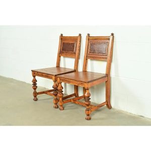 Early Romweber Antique English Jacobean Carved Oak and Burl Wood Side Chairs or Dining Chairs, Pair