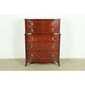 Federal Inlaid Mahogany Bow Front Highboy Dresser by National Furniture, Circa 1960s