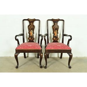 Henredon Chinoiserie Queen Anne Hand Painted Oak and Burl Wood Armchairs, Pair
