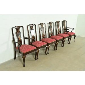 Henredon Chinoiserie Queen Anne Hand Painted Oak and Burl Wood Dining Chairs, Set of Six