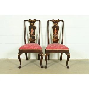 Henredon Chinoiserie Queen Anne Hand Painted Oak Side Chairs or Dining Chairs, Pair