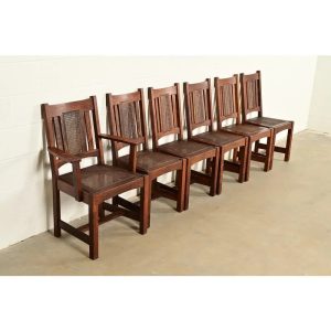 Lifetime Furniture Antique Mission Oak and Cane Arts & Crafts Dining Chairs, Set of Six