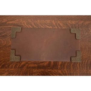 Tiffany Studios New York Zodiac Pattern Bronze Blotter Corners With Leather Desk Blotter