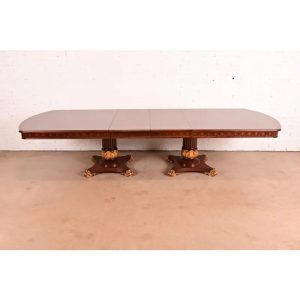 Karges Furniture Style Italian Neoclassical Inlaid Burl Wood and Parcel Gilt Extension Dining Table, Newly Refinished