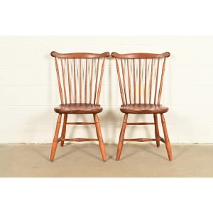 L. & J. G. Stickley American Colonial Solid Cherry Wood Spindle Back Windsor Side Chairs or Dining Chairs, Pair