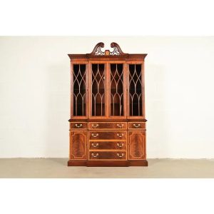 Councill Craftsmen Georgian Banded Flame Mahogany Lighted Breakfront Bookcase Cabinet