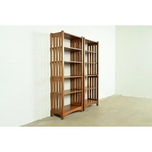 Stickley Mission Oak Arts & Crafts Slatted Tall Bookcases, Pair