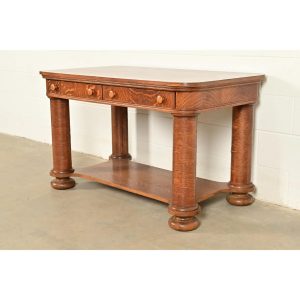 Antique Victorian Carved Tiger Oak Writing Desk or Library Table, Circa 1890s