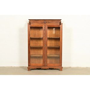 Antique Victorian Two-Door Carved Oak Bookcase Cabinet, Circa 1900