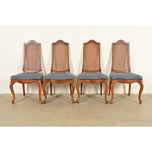 Baker Furniture Style French Provincial Louis XV Carved Walnut and Cane Back Dining Chairs, Set of Four