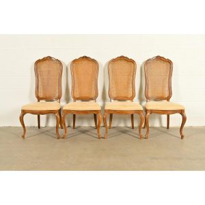 Thomasville French Provincial Louis XV Carved Walnut and Cane Back Dining Chairs, Set of Four