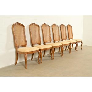 Thomasville French Provincial Louis XV Carved Walnut and Cane Back Dining Chairs, Set of Six