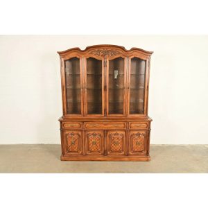 Thomasville French Regency Louis XVI Carved Walnut Lighted Breakfront Bookcase Cabinet
