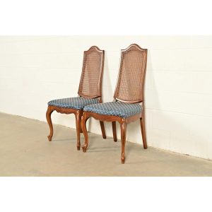 Baker Furniture Style French Provincial Louis XV Carved Walnut and Cane Back Side Chairs or Dining Chairs, Pair