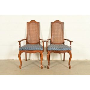 Baker Furniture Style French Provincial Louis XV Carved Walnut and Cane Back Armchairs, Pair