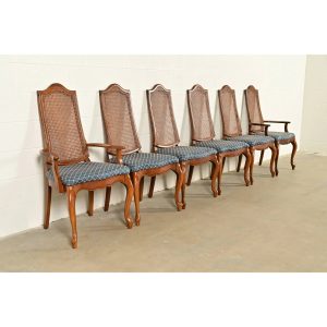 Baker Furniture Style French Provincial Louis XV Carved Walnut and Cane Back Dining Chairs, Set of Six