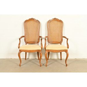Thomasville French Provincial Louis XV Carved Walnut and Cane Back Armchairs, Pair