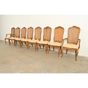 Thomasville French Provincial Louis XV Carved Walnut and Cane Back Dining Chairs, Set of Eight