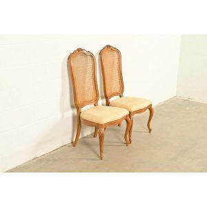 Thomasville French Provincial Louis XV Carved Walnut and Cane Back Side Chairs or Dining Chairs, Pair