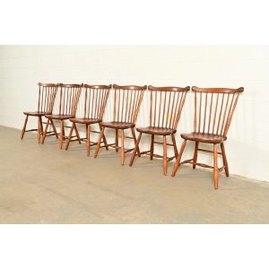 L. & J. G. Stickley American Colonial Solid Cherry Wood Spindle Back Windsor Dining Chairs, Set of Six