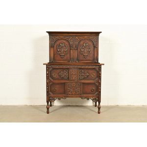 Berkey & Gay Style Antique English Jacobean Carved Walnut Highboy Dresser, Circa 1920s