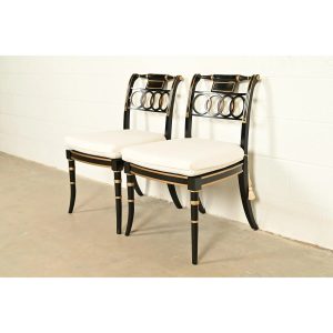 Baker Furniture Historic Charleston Regency Ebonized and Gold Gilt Side Chairs or Dining Chairs, Pair