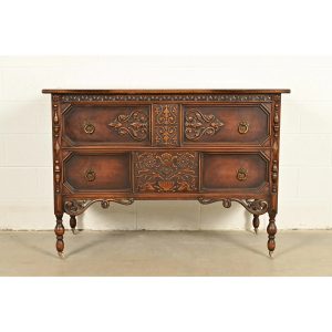 Berkey & Gay Style Antique English Jacobean Carved Walnut Dresser, Circa 1920s