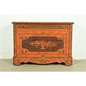 Paul Sormani Style French Regency Louis XVI Kingwood Inlaid Marquetry Marble Top Commode With Mounted Gilt Bronze Ormolu