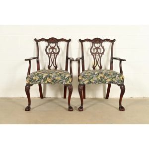Romweber Antique Chippendale Carved Mahogany Armchairs, Pair