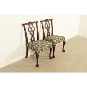 Romweber Antique Chippendale Carved Mahogany Side Chairs or Dining Chairs, Pair