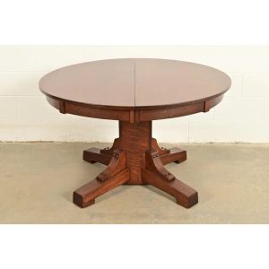 Stickley Brothers Antique Mission Oak Arts & Crafts Pedestal Extension Dining Table, Newly Refinished