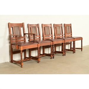 Stickley Brothers Antique Mission Oak and Cane Arts & Crafts Dining Chairs, Set of Five