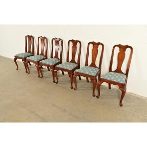 Henkel Harris Queen Anne Solid Cherry Wood Dining Chairs, Set of Six