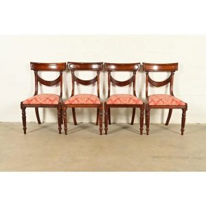 Baker Furniture Style English Regency Carved Mahogany Dining Chairs, Set of Four