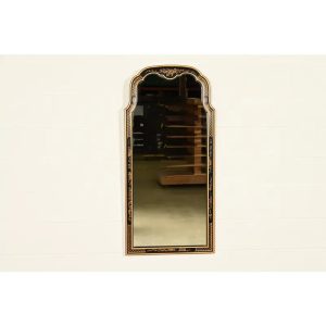 Drexel Heritage Hollywood Regency Chinoiserie Hand-Painted Black Lacquered Tall Wall Mirror