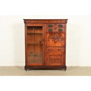 Antique Victorian Carved Oak Smoker's Display Cabinet With Drop Front Desk, Circa 1900