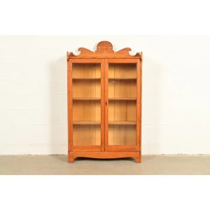 Antique Victorian Carved Oak Two-Door Bookcase Cabinet | Circa 1920s