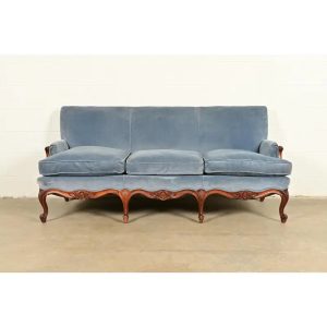 Baker Furniture Style French Provincial Louis XV Carved Walnut Velvet Upholstered Sofa | Circa 1960s