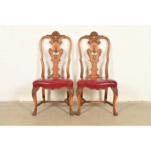 Berkey & Gay Antique Georgian Burled Walnut Side Chairs or Dining Chairs, Pair