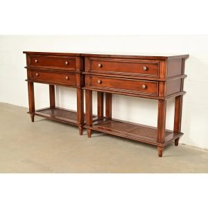 Drexel Heritage French Regency Louis XVI Carved Mahogany and Cane Console Tables or Servers, Pair