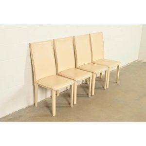Mario Bellini Style Italian Modern Cream Leather Wrapped High Back Dining Chairs, Set of Four