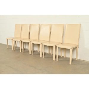 Mario Bellini Style Italian Modern Cream Leather Wrapped High Back Dining Chairs, Set of Six