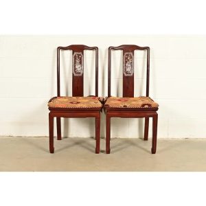 Antique Chinese Carved Rosewood Side Chairs or Dining Chairs With Mother of Pearl Inlay, Circa 1890s