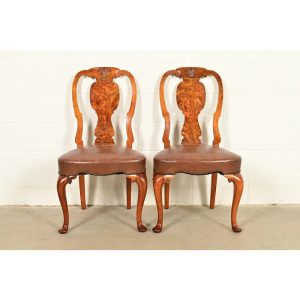 Antique English Queen Anne Burl Wood Side Chairs or Dining Chairs, Circa 1860s