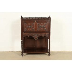 Antique English Victorian or Gothic Revival Carved Walnut Drop Front Secretary Desk | Circa 1880s