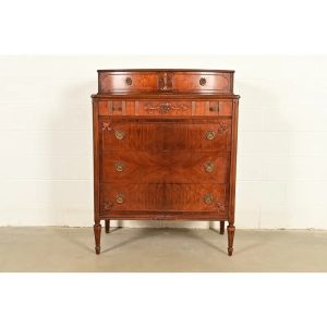 Antique French Regency Louis XVI Burled Walnut Highboy Dresser by Simmons Furniture, Circa 1930s